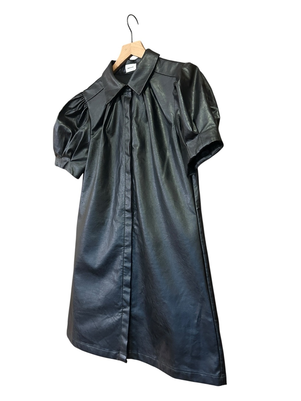 Aureum Black Faux Leather Puff Sleeve Mini Shirt Dress Size Medium - Picture 6 of 11